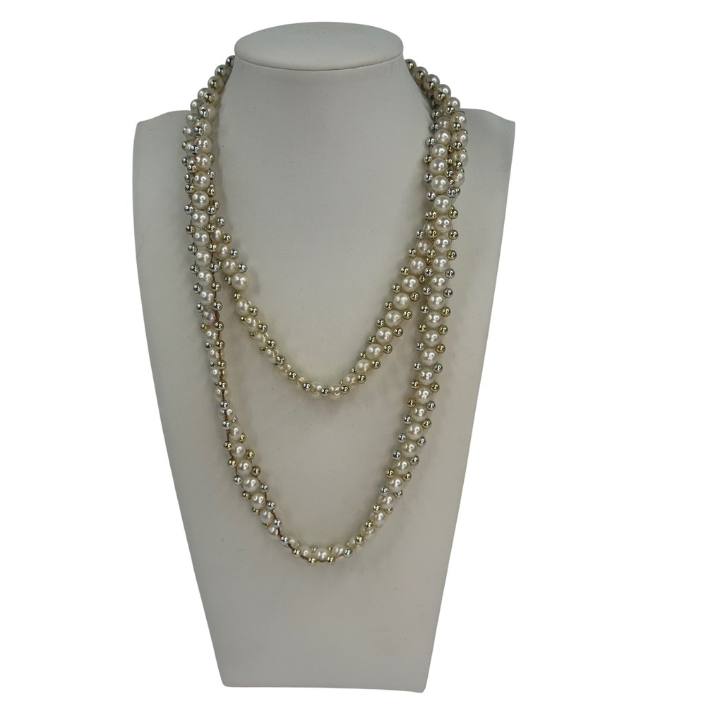 Long Multi Strand Faux Pearl Necklace Gold Silver Metallic Bead Cream 32 Inch